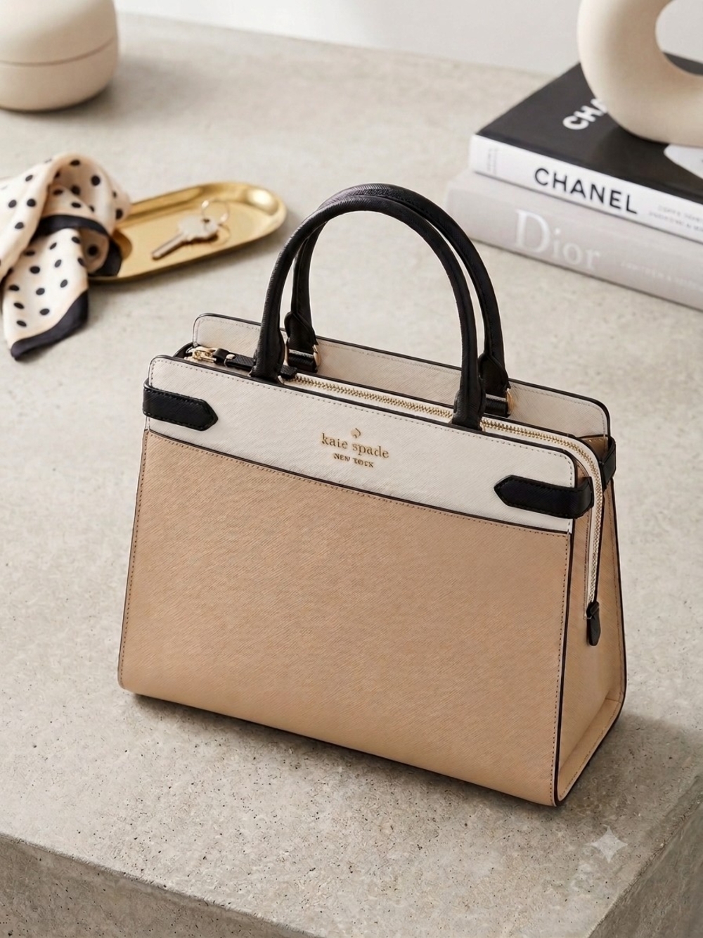 kate spade Beige, Cream & Black Leather Satchel